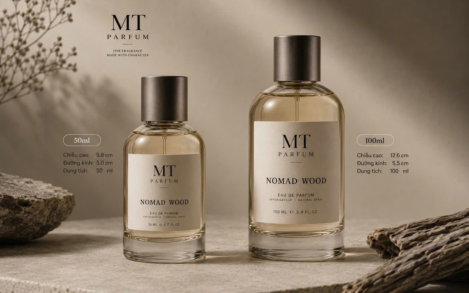So sánh kích thước Nomad Wood 50ml và 100ml